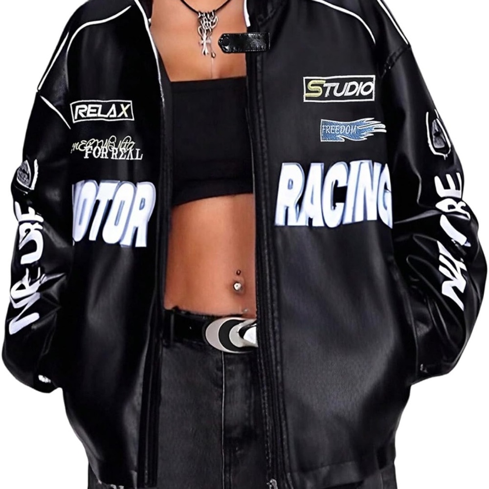 Black Racing Graphic Faux Leather Jacket - Unbranded